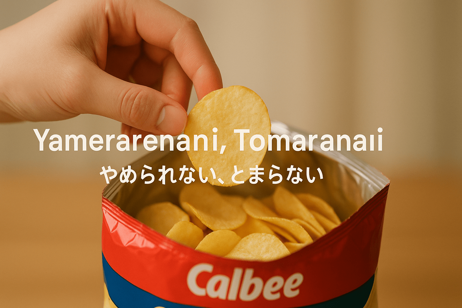 A clean, visually appealing close-up of a hand reaching into an open bag of Calbee chips, with a single, perfectly golden chip poised to be taken. Text overlay of "Yamerarenai, Tomaranai." which means once you start, you can't stop eating