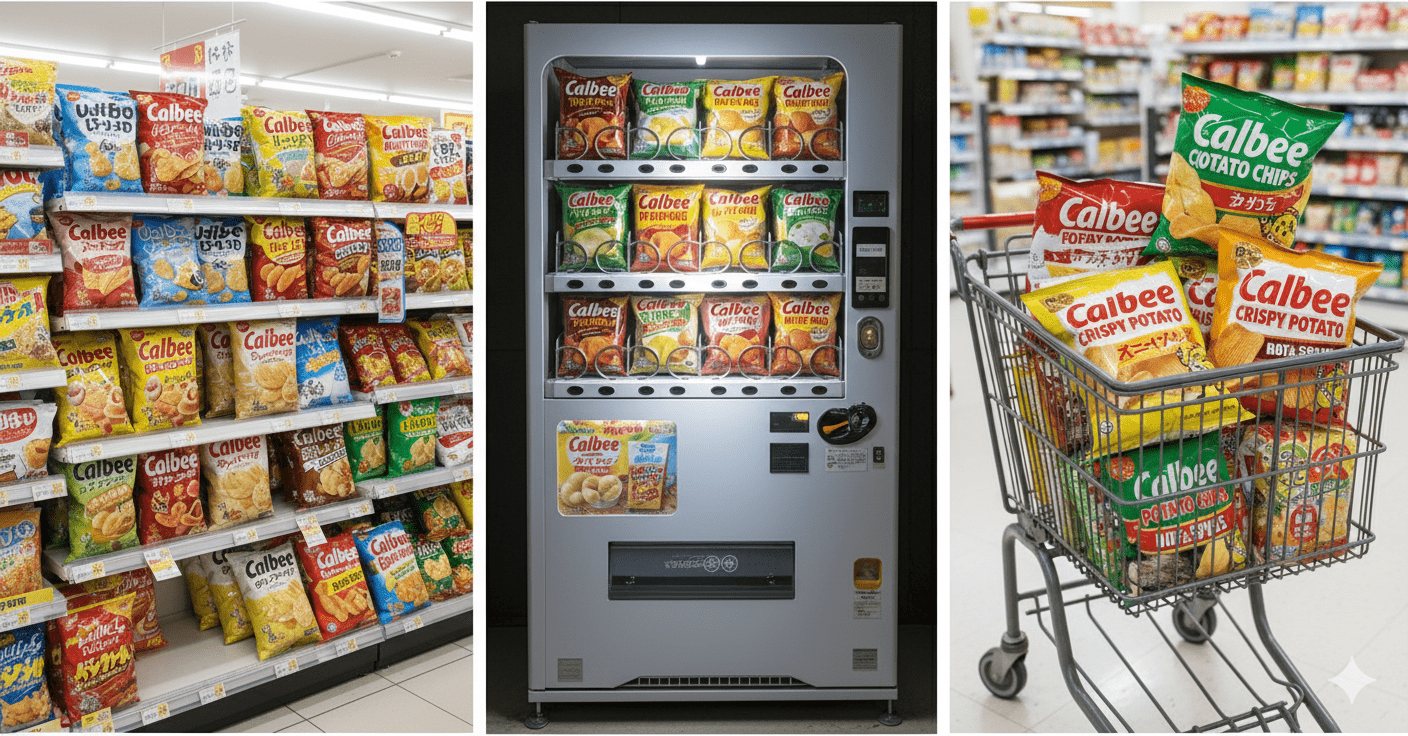 The Calbee Marketing Strategy of being top of mind of the consumer seen in its availability in a konbini, in a vending machine and in the supermarket. 