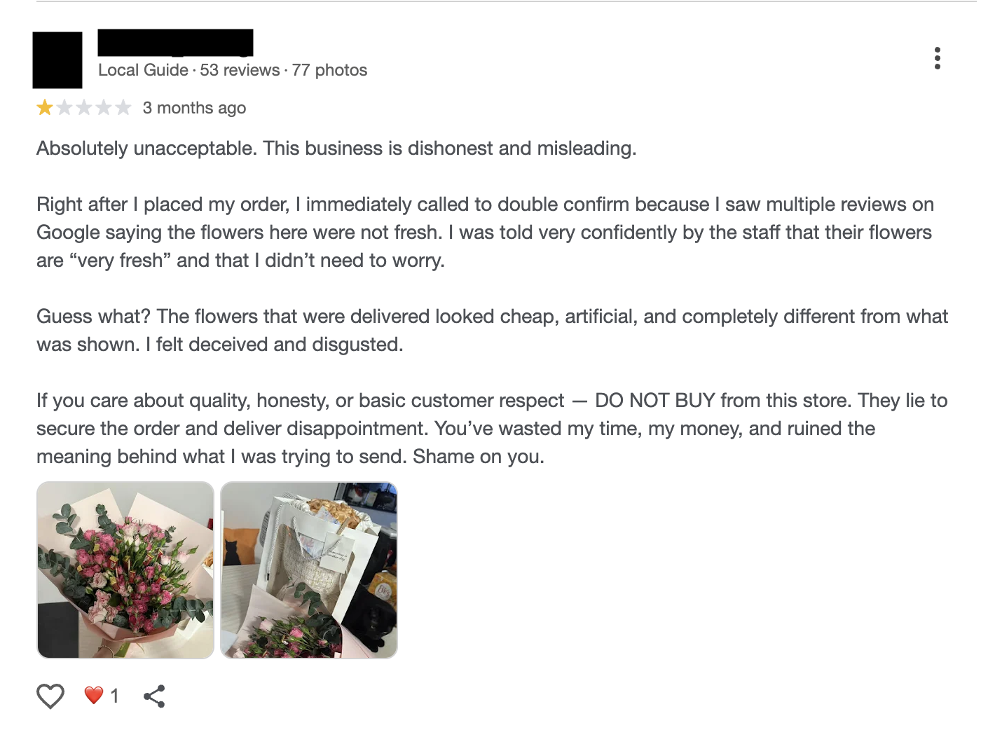 A 1 star review on a Google Business Profile from a Local Guide which means this review can be trusted.