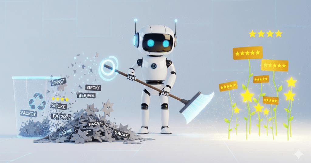 An illustration of a robot representing Google's AI cleaning up fake reviews.