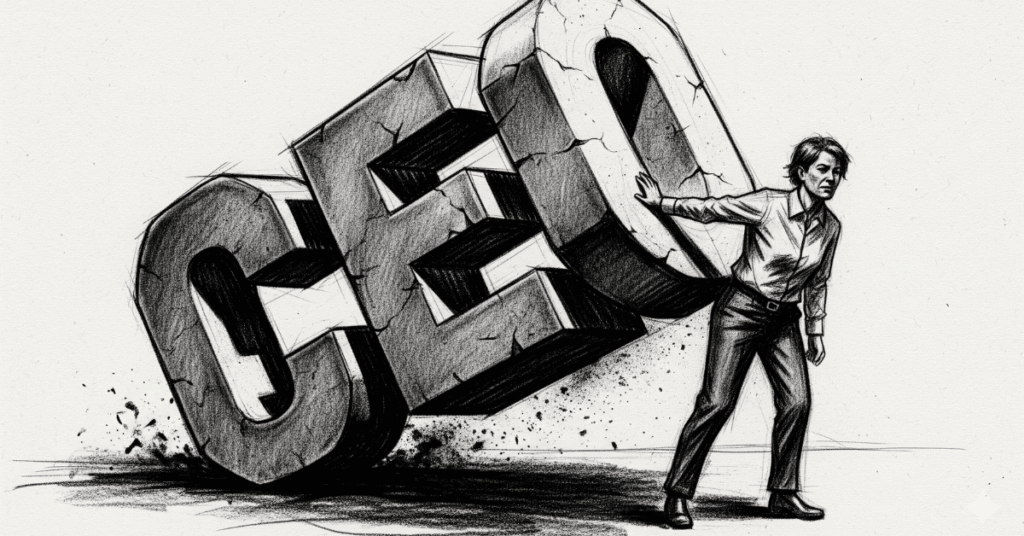 A dynamic charcoal sketch of a founder. They are standing firm, but being pushed off balance by giant, three-dimensional block letters spelling 'CEO' that are leaning against them. The focus is on the raw pressure and imbalance.