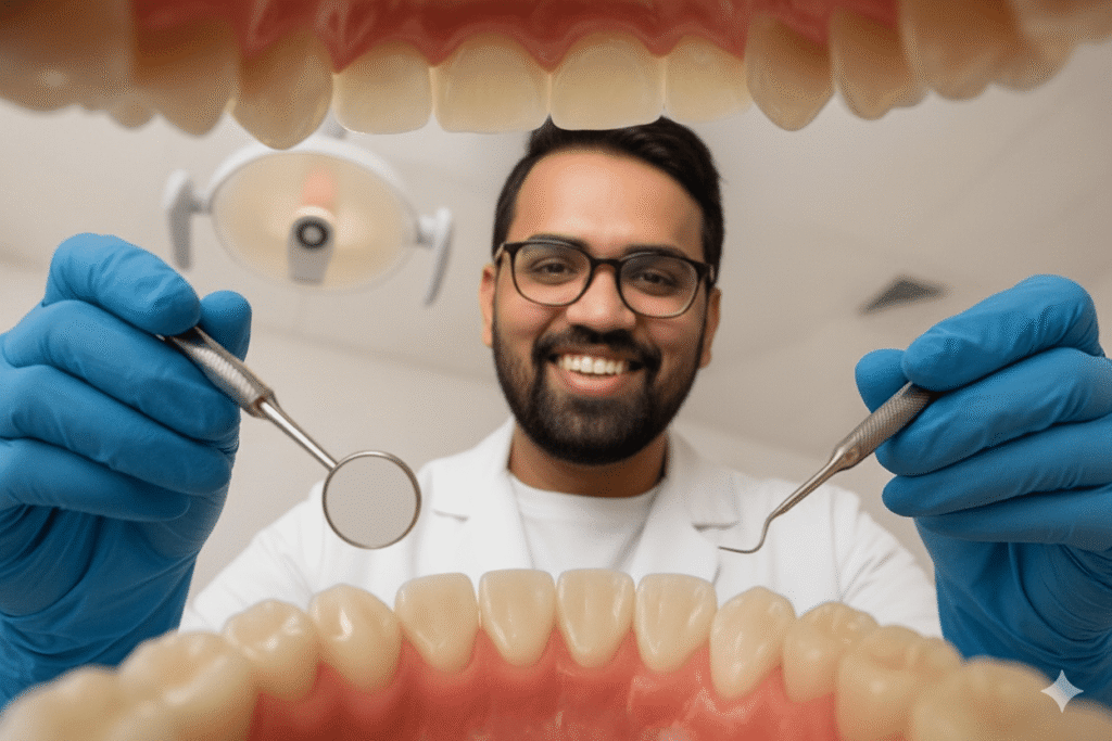 Smiling male dentist in Singapore examining a patient's open mouth with tools, ideal for dental marketing campaigns.